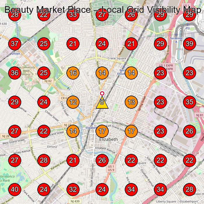 Beauty Market Place GeoGrid visibility map for Beauty Supply Store in Linden